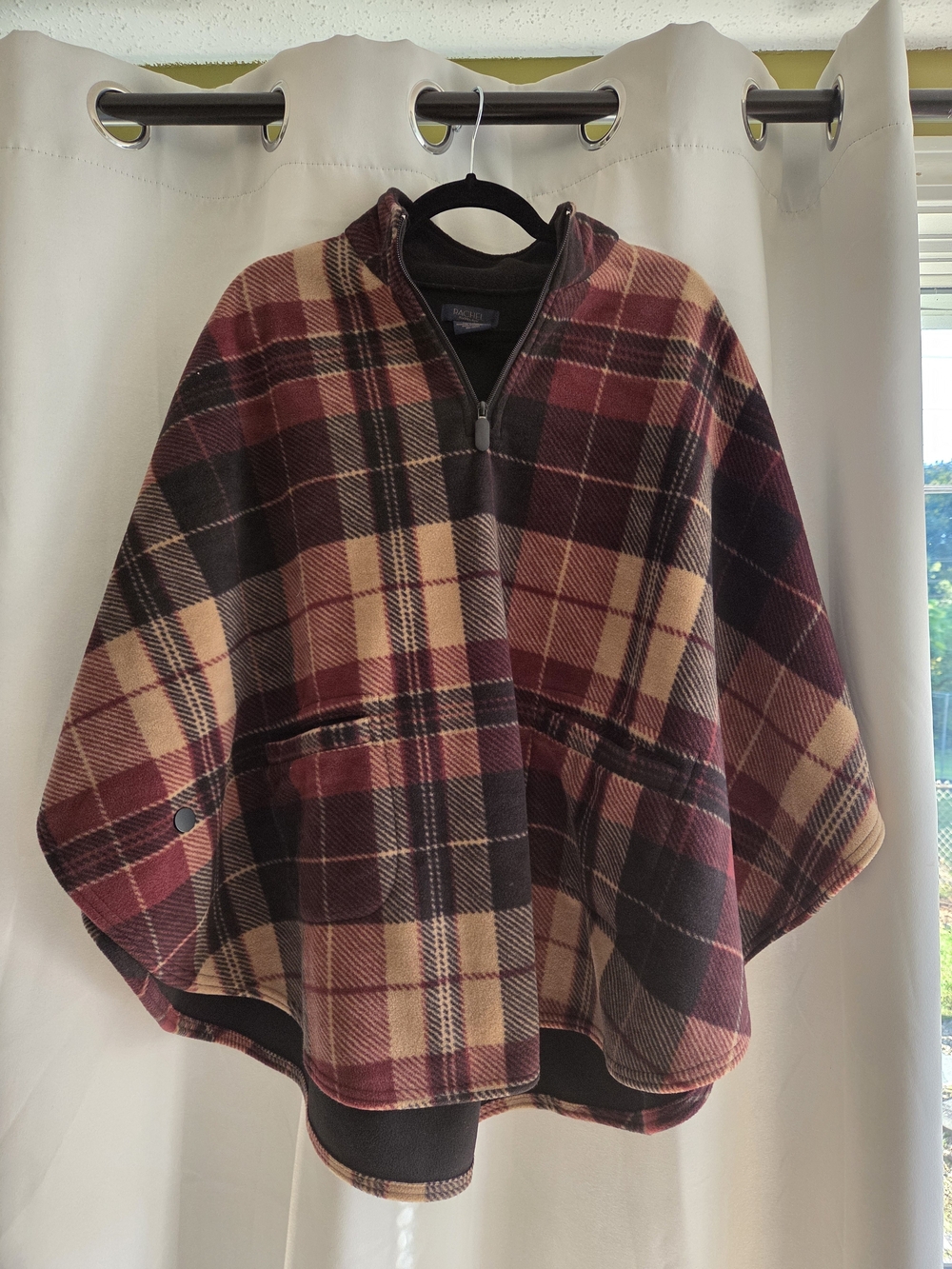 Rachel Roy Plaid Fleece Quarter-Zip Poncho Cape Coat - One Size